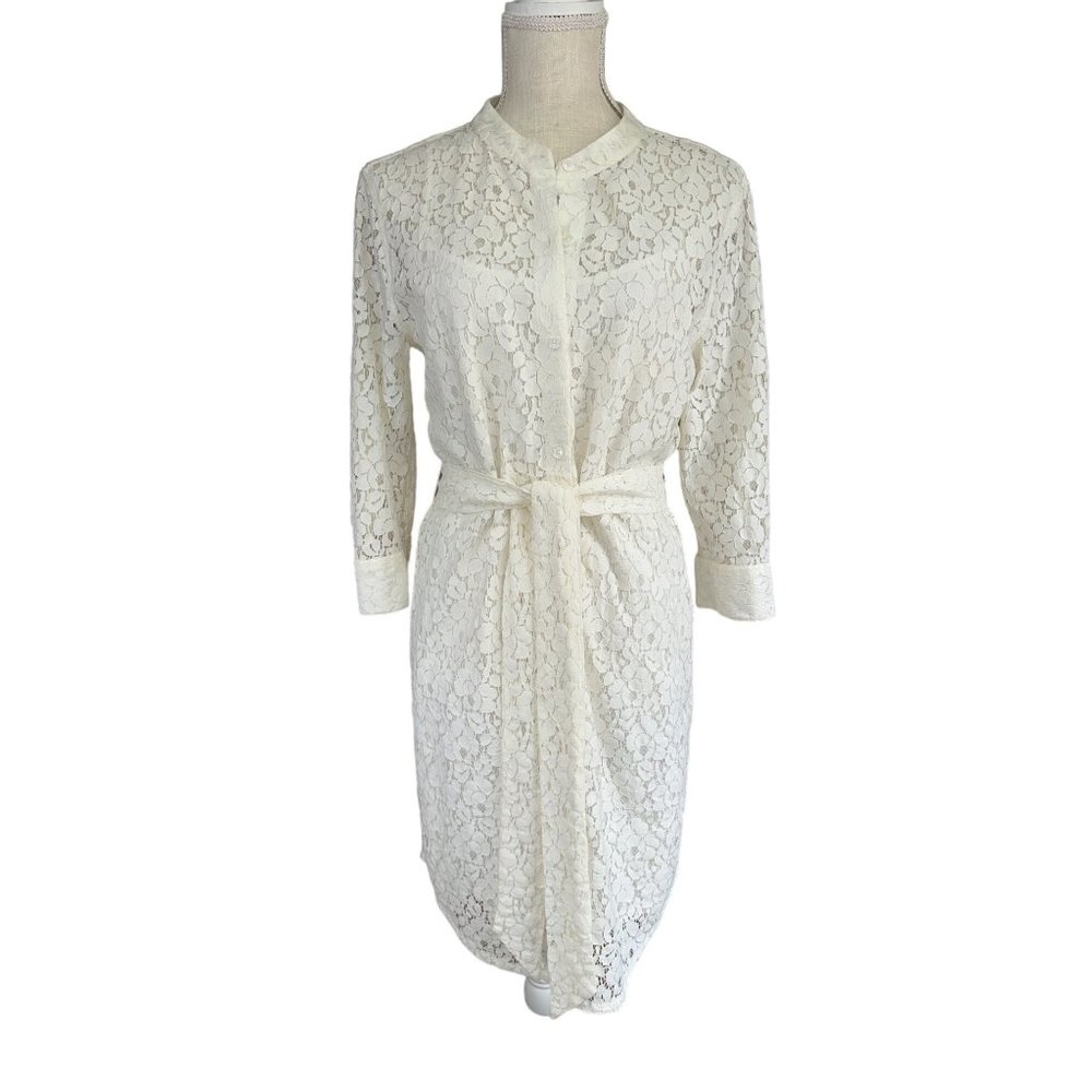 DKNY Lace Dress Womens Small Ivory Floral Shirt Dress Lined Button Up Belted*